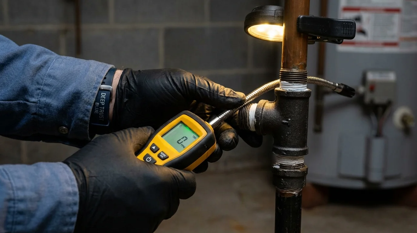 Gas leak detection with electronic sniffer by Johns Plumbing LLC in Belle